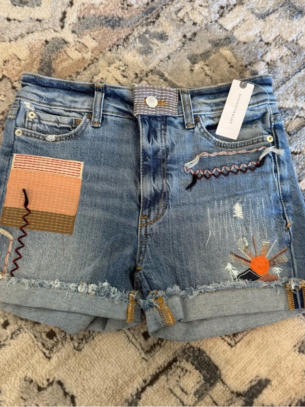 Anthropologie Blue Distressed Denim Cutoff Shorts with Embroidery - Picture 3 of 7